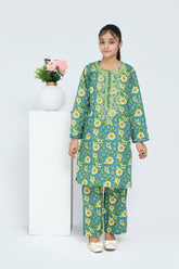 Plum 100% Cotton Lawn Green Colour Printed Yellow Green Flowers Embroidered Green threads On Stitched 2 pc suit for Girls.